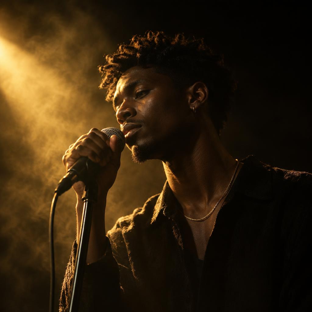 Artist performing under a single gold spotlight